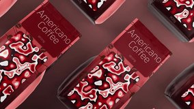 Animation of coffee packaging design. Motion. Modern bright design of American coffee packaging in animation. Advertising animation of coffee in packed bag