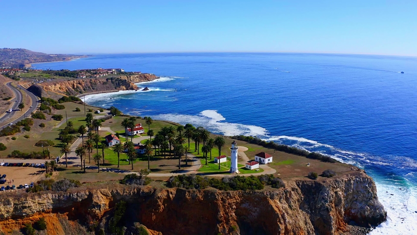 Flying towards the light house on the cliffs of Rancho Palos Verdes in California.
