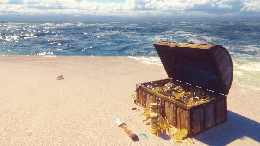 An open wooden pirate chest filled with gold coins and diamonds lies on the shore of a lost tropical