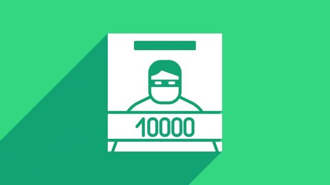 White Wanted poster icon isolated on green background. Reward money. Dead or alive crime outlaw. 4K Video motion graphic animation.