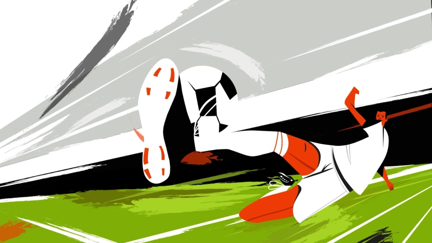 Professional football soccer player in action, moments of sports game. Motion. Silhouette of a man trying to kick the ball on green field and stadium background.