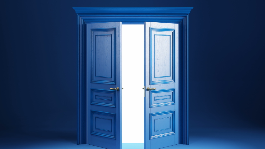 Blue luxury classic door opening to the bright light. Animation with luma matte. Royalty-Free Stock Footage #1074340214