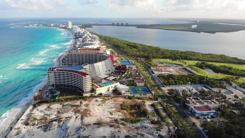 Aerial view of Cancun, a popular tourist destination on Caribbean sea coast in Quintana Roo state of Mexico