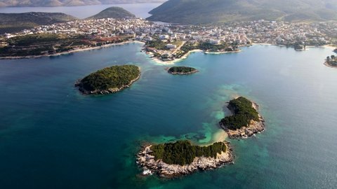 Ksamil Islands, Albania. Aerial stunning scenery 4K drone footage. Southern part of Albania, Iionic sea