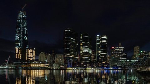 Sydney, NSW, Australia - 22nd June 2020 - Timelapse of Barangaroo and Crown Casino under construction in Sydney - Night to Day