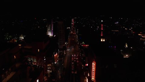 Hollywood , CA , United States - 11 02 2020: High and Wide Aerial Shot Above Quiet Hollywood Blvd. at Night During 2020 COVID-19 Pandemic