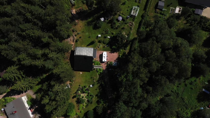 Aerial view above a camper, family landing at a summer house - screwdriver, drone shot
