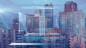 Animation of statistics and financial data processing on screens over cityscape. global business, finance, connections and digital interface concept digitally generated video. - Powered by Shutterstock - Get 15% off with code: PIKWIZARD15
