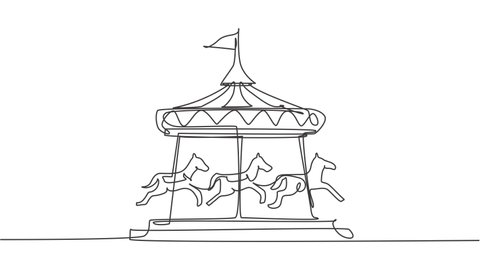 Self drawing animation of single continuous line draw a horse carousel in an amusement park with horses spinning under the tent with a flag. Happy childhood. One line draw. Full length animated.