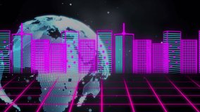 Animation of network of connections over globe and 3d cityscape over grid. global connections, technology and data processing concept digitally generated video. - Powered by Shutterstock - Get 15% off with code: PIKWIZARD15