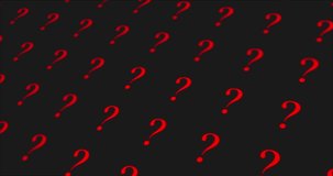Defocused pattern background with red question mark on dark background. Quest sign, searching, help, knowledge and problem abstract concept symbol. Looped 4K video motion graphic animation hope