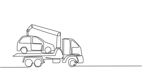 Animated self drawing of single continuous line draw tow truck is transporting broken car on top of it with crane. The car taken to the garage for service. Full length one line animation illustration.