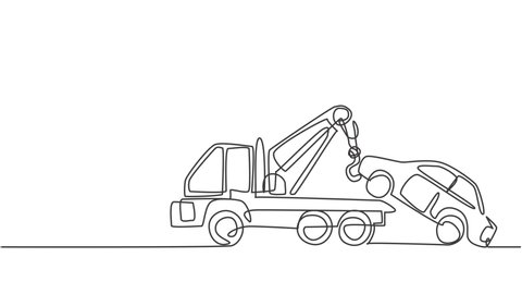Animated self drawing of continuous one line draw tow truck lifting the broken car to be lifted onto it using the crane. The car was damaged in a traffic accident. Full length single line animation.