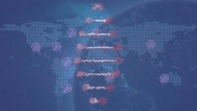 Animation of dna strand, network of connections with world map on blue background. global science, connections, digital interface and technology concept digitally generated video. - Powered by Shutterstock - Get 15% off with code: PIKWIZARD15