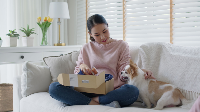 Young happy asia people girl smile enjoy with cute dog unbox snack food post mail sit relax at home comfort sofa couch in omni channel fast send parcel via online sale pet shop store e-commerce order. Royalty-Free Stock Footage #1074358292