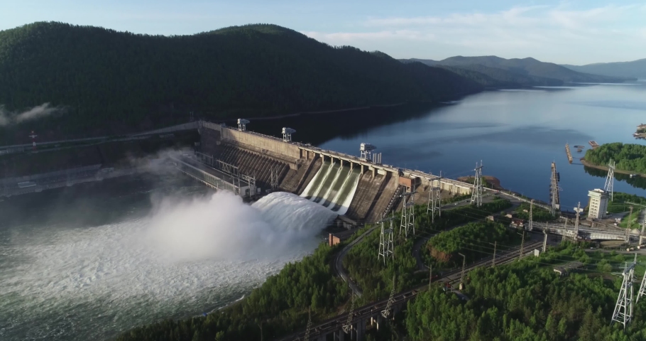 hydroelectric power plants and water discharge, river, drone, Krasnoyarsk sea, siberia, russia, spillway, Krasnoyarsk Royalty-Free Stock Footage #1074360806