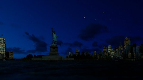 Statue of Liberty and Manhattan at night, New York City against starry sky