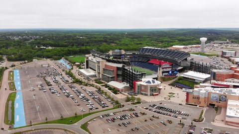 Foxborough , Massachusettes , United States - 11 09 2020: Impressive Gillette Stadium in Massachusetts, aerial view, dolly forward. 