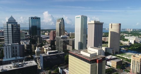 Tampa , FL , United States - 06 12 2021: Panning drone video of downtown Tampa skyline.