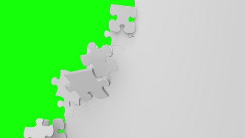3d puzzle transition effect, white background splits into pieces falling down, isolated on chroma key green screen. Abstract background