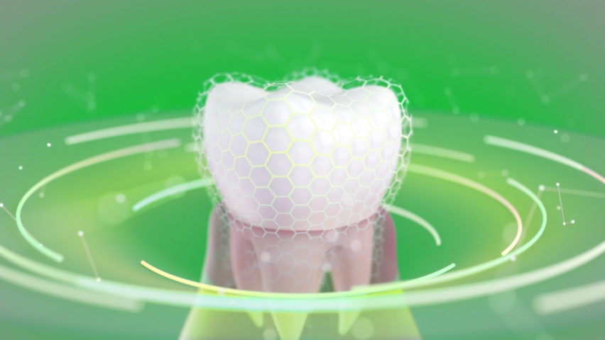 A tooth with a gingiva shown in a conceptual space, protected by an invisible hexagon mesh. A background perfect for a dentist's office, dentist advertising, toothpaste, a calm looped animation. | Shutterstock HD Video #1074377363