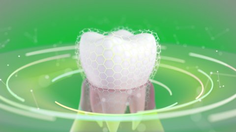 A tooth with a gingiva shown in a conceptual space, protected by an invisible hexagon mesh. A background perfect for a dentist's office, dentist advertising, toothpaste, a calm looped animation.