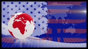 Animation of globe spinning with data processing over american flag and map. global networks, technology and connections concept digitally generated video.