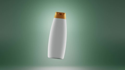 Cosmetics bottle, natural beauty product on green background. White tube shampoo or lotion with golden cap, hair and body care, eco mock up container. Realistic 3d animation promo ad empty packaging