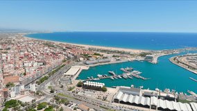 Valencia: Aerial view of famous city in Spain, city beaches (Platja del Cabanyal, Playa de la Malvarrosa and others), clear waters of Mediterranean Sea - landscape panorama of Europe from above