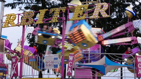 COQUITLAM , British Columbia , Canada - 04 09 2017: Coquitlam, BC, Canada - April 09, 2017 : People having fun at the West Coast Amusements Carnival with 4k resolution