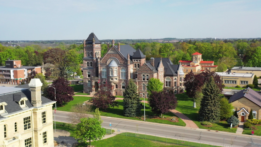 Aerial of downtown Woodstock, Ontario, Canada 4K