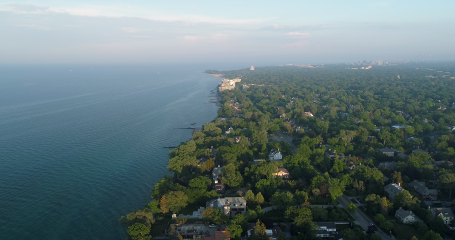 Flying above Chicago North Shore suburbs and Lake Michigan shoreline, United States