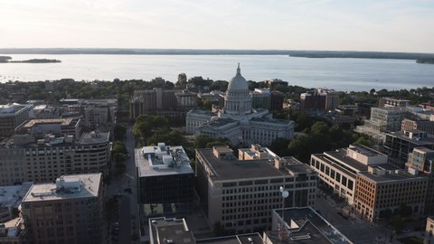 Aerial orbit panorama of Madison city downtown and  Lake Mendota. Late afternoon light