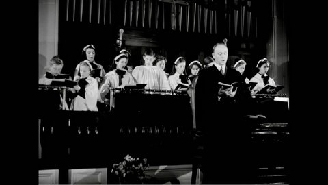 1940s: church steeple with bell, people walking into church, pastor and choir singing hymn