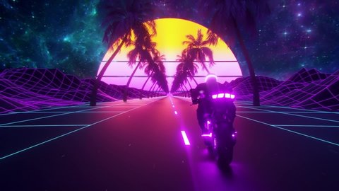 3D Retro Cyberpunk Synthwave Motorcycle and Rider VJ Loop Motion Background