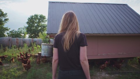 Raymond , Nebraska , United States - 07 30 2019: Young woman walking around chicken coop at local farm