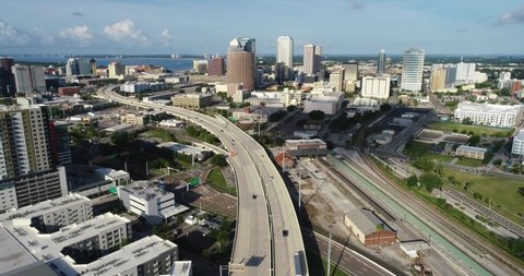 Tampa , FL , United States - 06 12 2021: Aerial push-in over Selmon Expressway in downtown Tampa, FL.