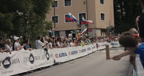 NOVO MESTO, SLOVENIA - JUNE 13 2021: Leading cycling group at Tour