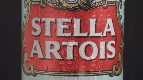 Tyumen, Russia-May 25, 2021: Stella Artois Beer can closeup logo