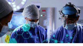 Animation of human brain and medical data processing over surgeons. global medicine, data processing, connections and digital interface concept digitally generated video.