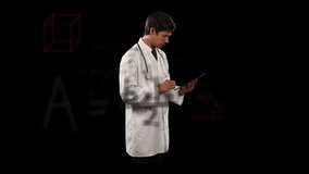 Animation of mathematical equations over male doctor using tablet. global learning, medicine, data processing, technology and connection concept digitally generated video.
