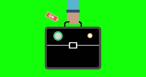 Travel essentials are packed in briefcase. Human hand takes assembled briefcase. Colorful stickers and tags are glued to bag. Side view on green screen. Motion animation. Video for business and travel