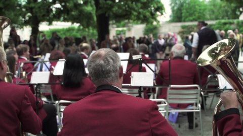 Salzburg , Austria - 05 30 2019: Group Of Orchestra During Their Training Outdoors Near Mozart House