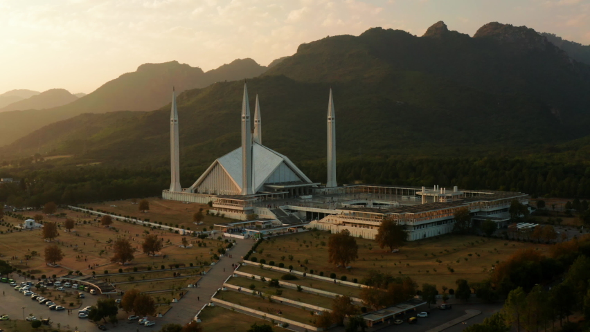 Scenic Sunset View Of Faisal Mosque On Foothills Of Margalla Hills In Islamabad, Pakistan. aerial drone orbit | Shutterstock HD Video #1074419858