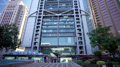 Hong Kong , China - 04 17 2021: HSBC Bank Building in Central Financial District. Pan up low angle