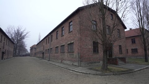 Auschwitz concentration camp buildings on a gloomy winter day