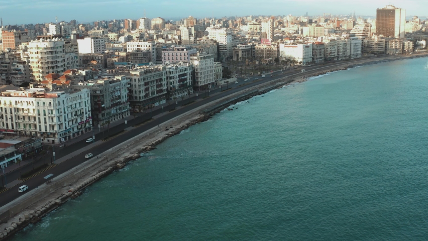 Drone footage of the Mediterranean Corniche in Alexandria