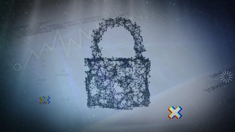 Animation of padlock of connections over documents and information. global communication and online security concept, digitally generated video.