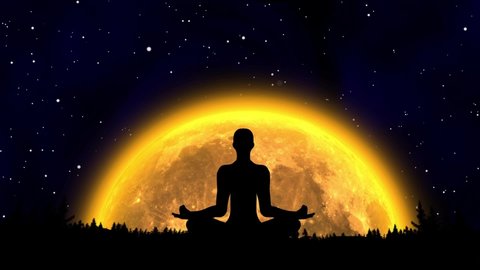 Silhouette of people meditating on full moon background