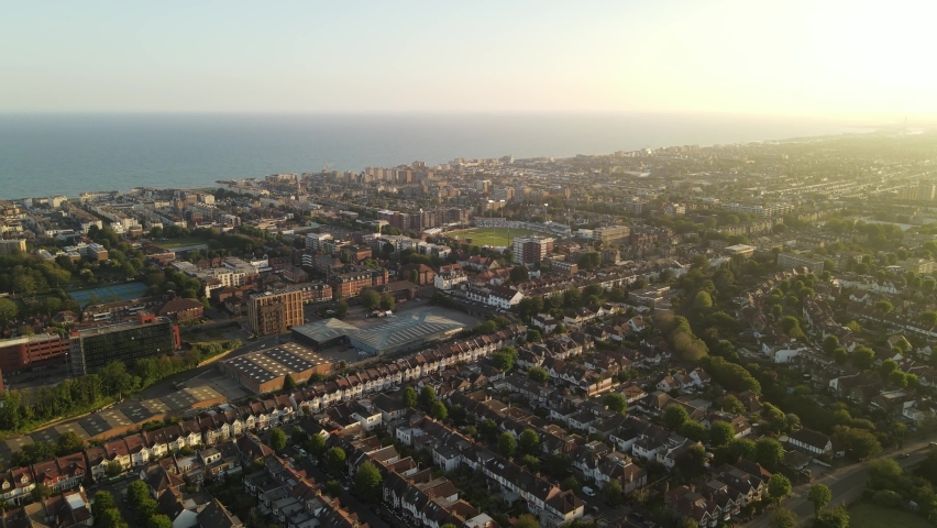 Aerial view of Brighton and Hove at sunset UK, stadium drone shot  Royalty-Free Stock Footage #1074432560